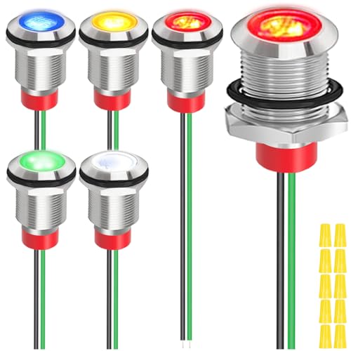 MKBKLLJY 6St. 12mm AC 110V 120V 220V 20mA Rot/Gelb/Blau/Grün/Weiß LED-Anzeigeleuchte Wasserdicht Metallanzeige Signallampe Pilot Armaturenbrett Richtungsanzeige mit Drähten für Auto Boot von MKBKLLJY
