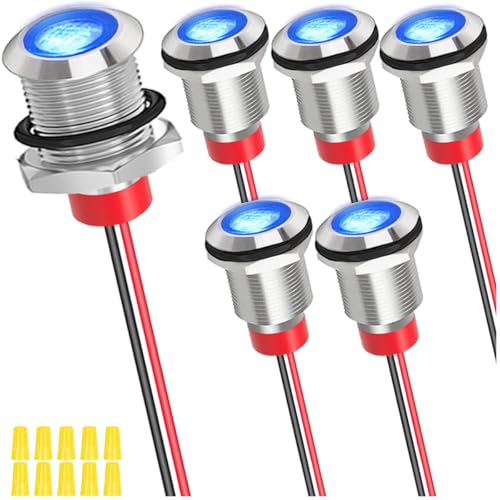 MKBKLLJY 6St. 12mm DC 12-24V 1A Blaue LED Metall Blinkleuchte Wasserdicht Signal Lampe Pilot Dash Directional mit 150mm Kabellänge und Verdrahtung Cap für Auto innen LKW Boote Motor Rücklicht von MKBKLLJY