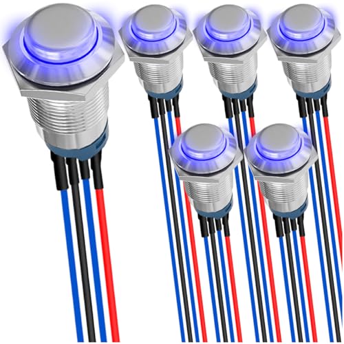 MKBKLLJY 6St. 12mm einrastende blaue LED Drucktaste DC 12V 3A Sliver Shell 1NO 1Normal SPST IP65 Wasserdicht Selbstverriegelnder Runder Metallschalter Edelstahlknopf mit Vorverkabelung für Auto Boot von MKBKLLJY
