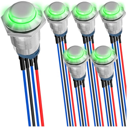 MKBKLLJY 6St. 12mm einrastende grüne LED Drucktaste DC 12V 3A Sliver Shell 1NO 1Normal SPST IP65 Wasserdicht Selbstsperrender Runder Metallschalter Edelstahlknopf mit Vorverkabelung für Auto Boot von MKBKLLJY