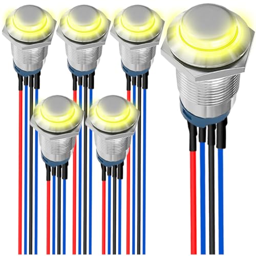 MKBKLLJY 6St. 12mm gelber LED-Tastschalter mit Momentanschaltung DC 12V 3A 4Pin 1NO SPST IP65 Wasserdichter runder Metallschalter Edelstahlknopf mit Vorverdrahtung für Auto Marine Boot von MKBKLLJY