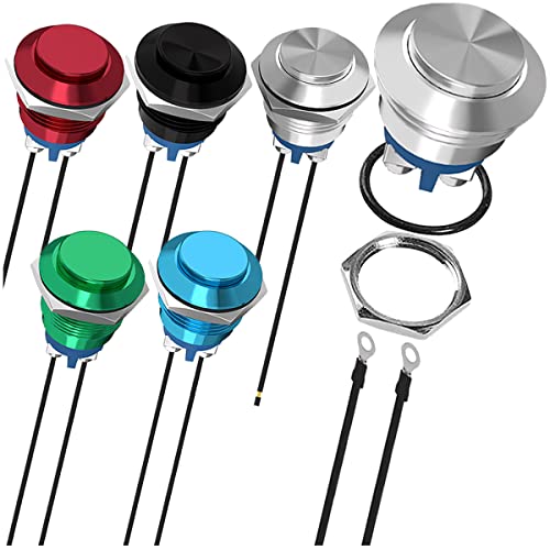 MKBKLLJY 6St. 16mm Drucktaster Schalter Silber Schwarz Rot Blau Grün Metallgehäuse IP65 Wasserdicht 12V 24V 36V DC 110V 250V AC 5A 1NO SPST Schraubklemme mit Drähtenfür Auto, Boot,Ohne LED von MKBKLLJY