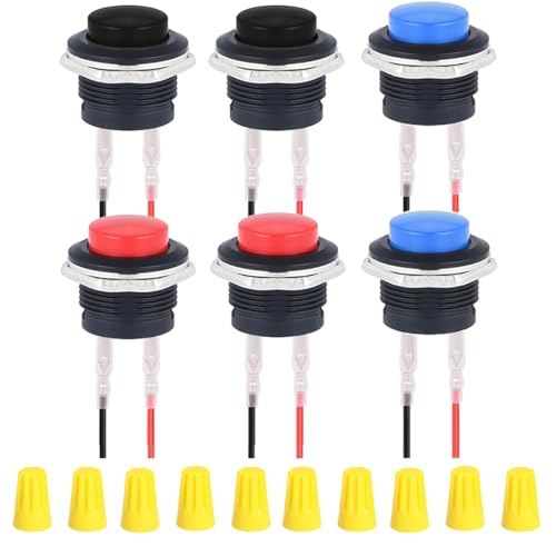 MKBKLLJY 6St. 16mm rot/blau/schwarzer Drucktastenschalter SPST 3A 250V AC/6A 125V AC 2Pin selbst-rückstellender runder Schalter mit verriegelten Anschlussdrähten und Verdrahtungskappe für Auto Boot von MKBKLLJY