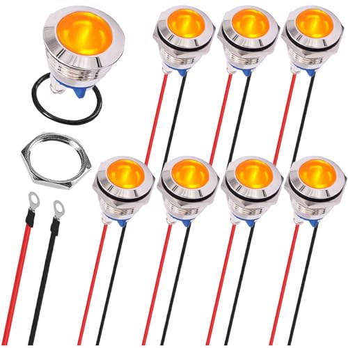 MKBKLLJY 8St. Gelbe Blinkleuchte 16mm Wasserdicht IP67 Metall Signallampe 12V 24V AC/DC LED Pilot Dash Lamp Schraubklemme Konkav Kopf mit 120mm Terminal Drähte für Auto Boot Bremslicht Tachometer von MKBKLLJY