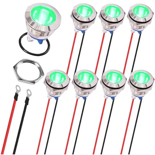 MKBKLLJY 8St. grüne Blinkleuchte 16mm wasserdicht IP67 Metall Signallampe 12V 24V AC/DC LED Pilot Dash Lamp Schraubklemme konkaven Kopf mit 120mm Terminal Drähte für Auto Boot Bremslicht Tachometer von MKBKLLJY