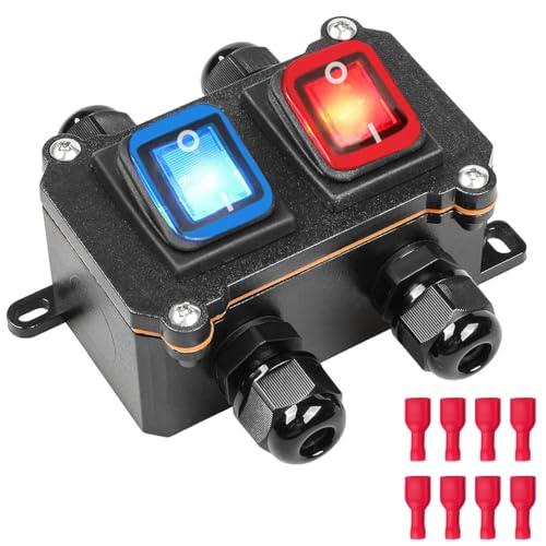 MKBKLLJY Inline-Schnurschalter wasserdichte Schalterbox DPST 12V DC 20A 8Pin 2Position ON/Off Outdoor Kippschalter mit Rot/Blau Licht Wipptaster Schalter Doppelseitig Zweiseitig Eingang Ausgang Linie von MKBKLLJY