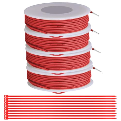 MKBKLLJY Elektrischer Draht aus PVC, 20 Gauge, 300 V, 20 AWG, Isolierung, verzinntes beschichtetes Kupfer, Haken, 5 m je Drahtsortiment mit Kabelbindern für Elektronik, Heimwerker, Rot von MKBKLLJY