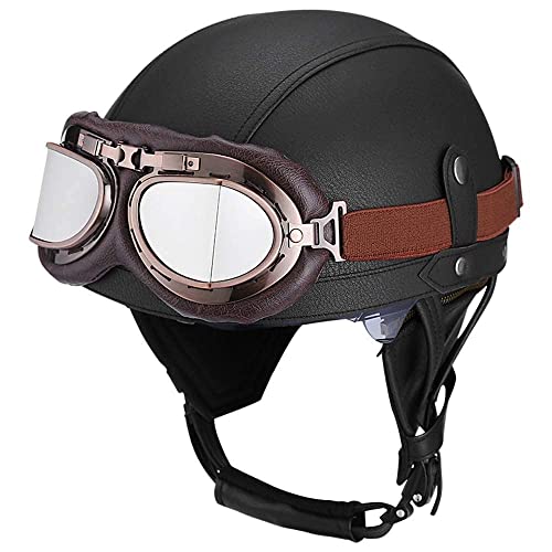 Motorrad Vintage Helm Aus Deutschem Leder Mit Offenem Gesicht Mit Schutzbrille Verstecktem Visier Chopper-Pilot Moped Fahrrad Cruiser Scooter DOT/ECE-geprüft Motorrad Vintage Helm Aus Deutschem Leder Mit Offenem Gesicht Mit Schutzbrille Verstecktem Visier Chopper-Pilot Moped Fahrrad Cruiser Scooter DOT/ECE-geprüft von MKDSUH