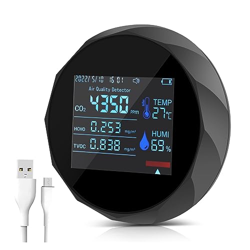 Luftqualitätstester, 7 In 1 CO2 Meter Digital Temperatur Feuchtigkeit Tester TVOC HCHO Detektor Luft Qualität Monitor Warnung Alarm Monitor Klare Anzeigeeinstellungen(Noir) von MKHFP