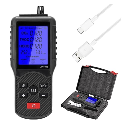 Luftqualitätstester, JD-3002 Luftqualitätstester Multifunktionales CO2-TVOC-Messgerät Temperatur-Feuchtigkeitsmessgerät CO2-Detektor Klare Anzeigeeinstellungen(Plastic box Type) von MKHFP