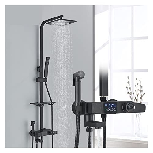Touch-Control-Dusche, Schwarze Thermostat-Duscharmaturen, digitaler Bildschirm, Kalt- und Heißmischer, Badsysteme, Regenduschkopf mit Bidet-Wasserhahn(Chrome D12) von MKHFP