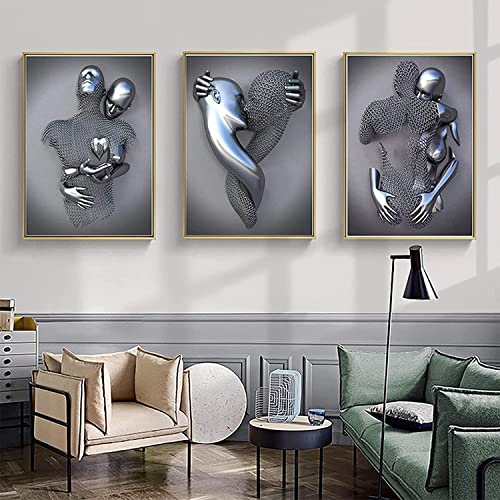 3D Metallfigur Statue Kunst Liebe Herz Kuss Bilder Wandkunst Wohnzimmer Wanddekoration - Ohne Rahmen (Poster-01,60X80cm*3) von MKHFUW