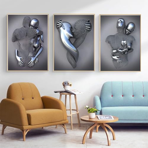 3D Metallfigur Statue Kunst Liebe Herz Kuss Bilder Wandkunst Wohnzimmer Wanddekoration - Ohne Rahmen (Poster-01,70X100cm*3) von MKHFUW