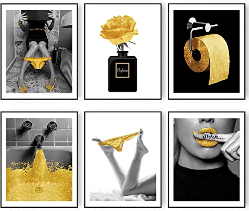 MKHFUW Bathroom Poster of Modern Women, Fashionable Bathroom Wall Decoration, 6-Piece Set, Bathroom Art, Frameless (Golden-1.20x25cm*6) von MKHFUW