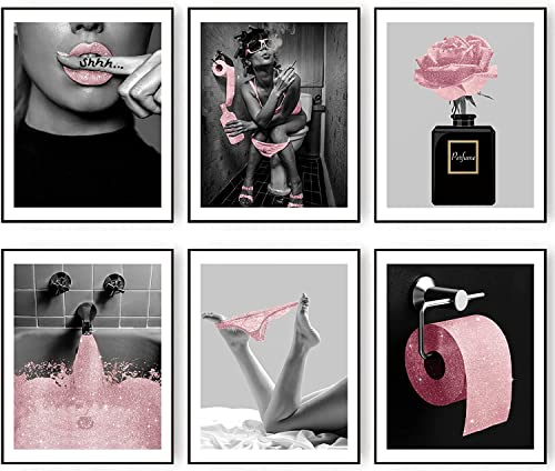 MKHFUW Badezimmerposter der Modernen Frauen,Modische Badezimmer Wanddekoration 6-teiliges Set, Badezimmerkunst, Rahmenlos (Rosa-1,20x25cm*6) von MKHFUW