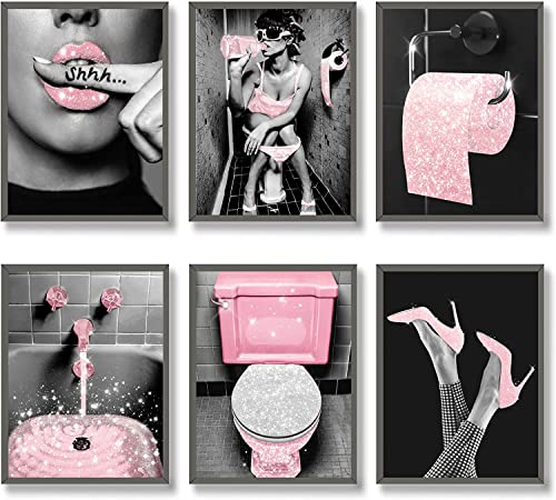 MKHFUW Badezimmerposter der Modernen Frauen,Modische Badezimmer Wanddekoration 6-teiliges Set, Badezimmerkunst, Rahmenlos (Rosa-3,20x25cm*6) von MKHFUW