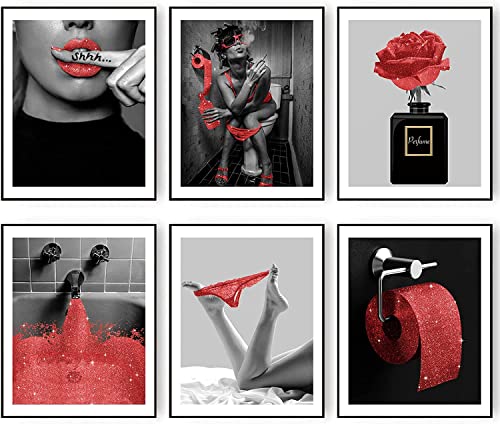 MKHFUW Badezimmerposter der Modernen Frauen,Modische Badezimmer Wanddekoration 6-teiliges Set, Badezimmerkunst, Rahmenlos (Rot,20x25cm*6) von MKHFUW