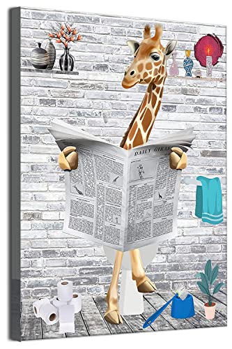 MKHFUW Lustige Badezimmer Wandkunst, Lustige Tiere Lesen Zeitungen in der Toilette Leinwand Poster für Toilette Badezimmer Tiere Kunstwerk, Rahmenlos (Giraffe,50 x 70 cm) von MKHFUW
