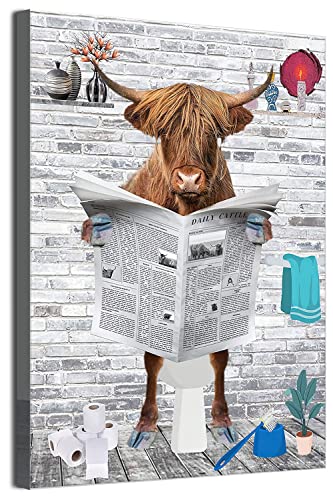 MKHFUW Lustige Badezimmer Wandkunst, Lustige Tiere Lesen Zeitungen in der Toilette Leinwand Poster für Toilette Badezimmer Tiere Kunstwerk, Rahmenlos (Hochlandrinder,40 x 60 cm) von MKHFUW