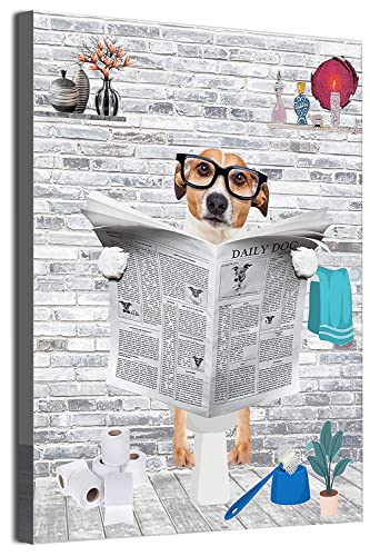 MKHFUW Lustige Badezimmer Wandkunst, Lustige Tiere Lesen Zeitungen in der Toilette Leinwand Poster für Toilette Badezimmer Tiere Kunstwerk, Rahmenlos (Hund,40 x 60 cm) von MKHFUW