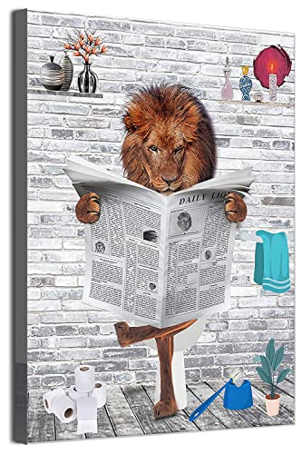 MKHFUW Lustige Badezimmer Wandkunst, Lustige Tiere Lesen Zeitungen in der Toilette Leinwand Poster für Toilette Badezimmer Tiere Kunstwerk, Rahmenlos (Löwe,30 x 40 cm) von MKHFUW