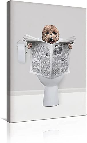 MKHFUW Moderne Leinwand Wandkunst Lustige Tiere, Die auf der Toilette Sitzen, Zeitungsbilder Lesen Badezimmer Schlafzimmer Poster, Rahmenlos (Hund,20 x 30 cm) von MKHFUW