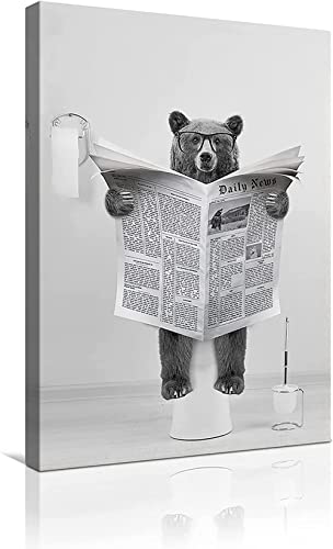 MKHFUW Zeitung Tier Toilette Tier Leinwand Poster Kunstdruck,Lustige Badezimmer Schwarz und Weiß Wandkunst, Rahmenlos(Bär-1, 20 x 30 cm) von MKHFUW