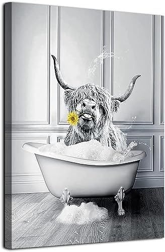 MKHFUW Schottische Hochland Kuh Wandkunst Schwarz-Weiß Leinwandbild Cottage Badezimmer Dekorative Kuh Wandbild in Badewanne,Rahmenlos (60 x 90 cm, Baderinder) von MKHFUW