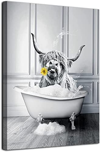 MKHFUW Schottische Hochland Kuh Wandkunst Schwarz-Weiß Leinwandbild Cottage Badezimmer Dekorative Kuh Wandbild in Badewanne,Rahmenlos (Baderinder,30 x 40 cm) von MKHFUW
