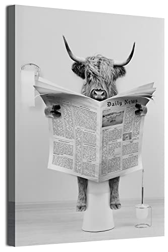 MKHFUW Schottische Hochland Kuh Wandkunst Schwarz-Weiß Leinwandbild Cottage Badezimmer Dekorative Kuh Wandbild in Badewanne,Rahmenlos (Leserinder,70 x 100 cm) von MKHFUW