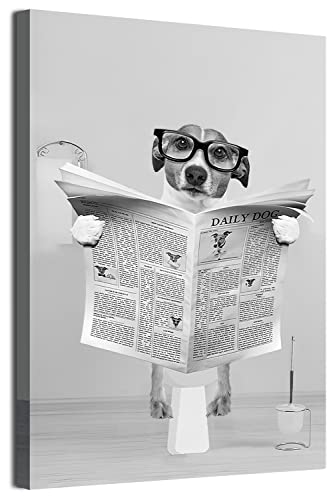 MKHFUW Zeitung Hund Giraffe Löwe Bär Schottische Hochland Kuh Schwarz und Weiß Wandkunst Leinwand Badezimmer Dekorative Wandmalerei,Rahmenlos (Brillenhund,30 x 40 cm) von MKHFUW
