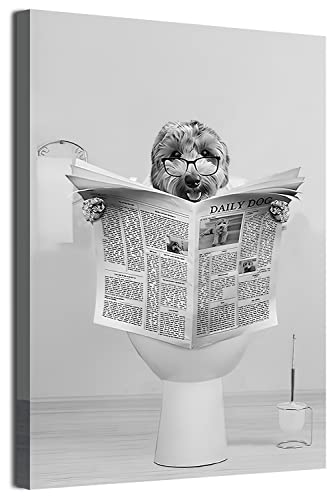 MKHFUW Zeitung Hund Giraffe Löwe Bär Schottische Hochland Kuh Schwarz und Weiß Wandkunst Leinwand Badezimmer Dekorative Wandmalerei,Rahmenlos (Zeitungshund,30 x 40 cm) von MKHFUW