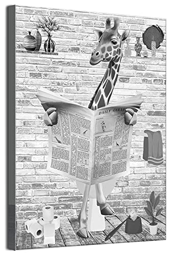 MKHFUW Zeitung Tier Toilette Tier Leinwand Poster Kunstdruck,Lustige Badezimmer Schwarz und Weiß Wandkunst, Rahmenlos (Giraffe,40 x 60 cm) von MKHFUW