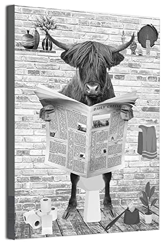 MKHFUW Zeitung Tier Toilette Tier Leinwand Poster Kunstdruck,Lustige Badezimmer Schwarz und Weiß Wandkunst, Rahmenlos (Hochlandrinder,60 x 90 cm) von MKHFUW