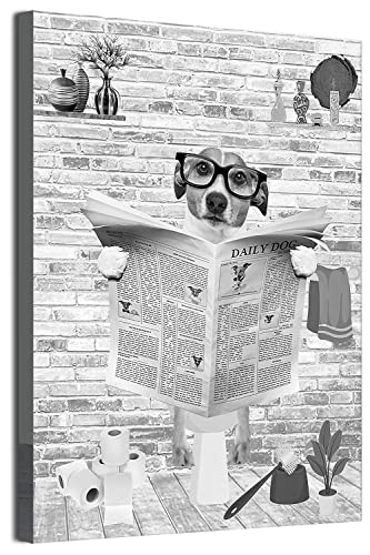 MKHFUW Zeitung Tier Toilette Tier Leinwand Poster Kunstdruck,Lustige Badezimmer Schwarz und Weiß Wandkunst, Rahmenlos (Hund,50 x 70 cm) von MKHFUW