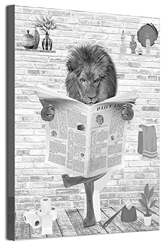 MKHFUW Zeitung Tier Toilette Tier Leinwand Poster Kunstdruck,Lustige Badezimmer Schwarz und Weiß Wandkunst, Rahmenlos (Löwe,20 x 30 cm) von MKHFUW