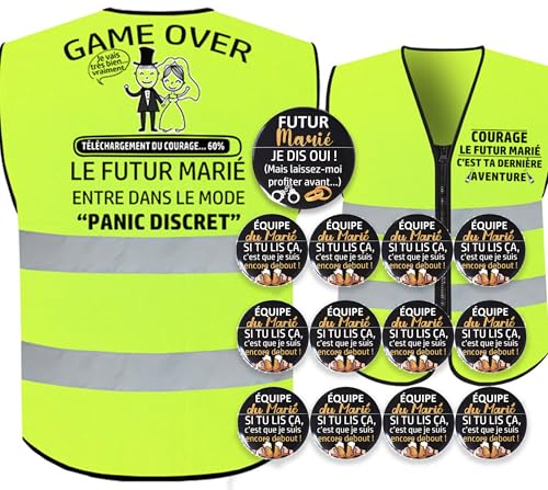 EVG-Set – Reflektierende Weste Humor + 13 Abzeichen (1 Bräutigam + 12 Team Bräutigam) – lustiges Kostüm für Junggesellenabschied von MKISHINE