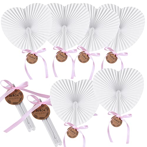 MKISHINE Fächer Hochzeit -24pcs Handfächer+ 22M rosafarbenes Band +24 Tags (SCHÖN DASS DU DA BIST) Handfächer Weiß Hochzeitsfächer Herz Hochzeit Gäste Geschenk Hochzeitsdeko Vintage von MKISHINE