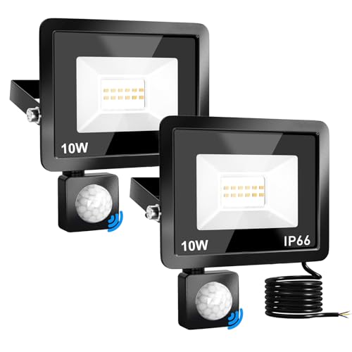 MKKM Led Strahler Mit Bewegungsmelder 10W 2 Stück LED Fluter,IP66 wasserdicht 2200LM Außenstrahler 6000K Kaltweiß Scheinwerfer, ideal für Garten Lagerhaus Spielplatz Haus Hof von MKKM