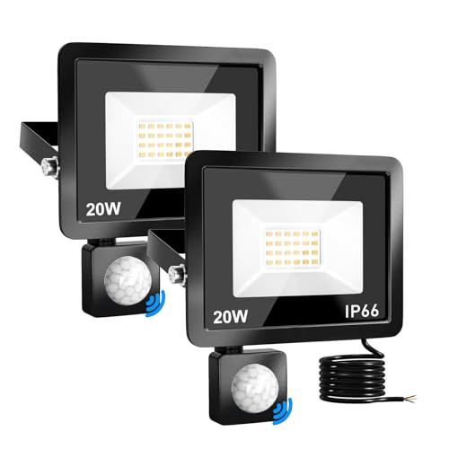 MKKM Led Strahler Mit Bewegungsmelder 20W 2 Stück LED Fluter,IP66 wasserdicht 2200LM Außenstrahler 6000K Kaltweiß Scheinwerfer, ideal für Garten Lagerhaus Spielplatz Haus Hof von MKKM