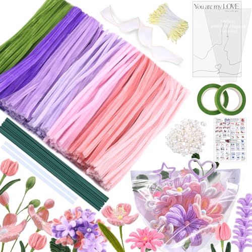 MKLG 385 Stück Pfeifenreiniger Blumen Set, Pfeifenputzer Blumen Zum Basteln, Mit Grüne Blumenstöcke, Klebebandrollen, Klebestifte, Anleitungen, Blumenstraußverpackungen, Bänder, Staubgefäße MKLG 385 Stück Pfeifenreiniger Blumen Set, Pfeifenputzer Blumen Zum Basteln, Mit Grüne Blumenstöcke, Klebebandrollen, Klebestifte, Anleitungen, Blumenstraußverpackungen, Bänder, Staubgefäße von MKLG
