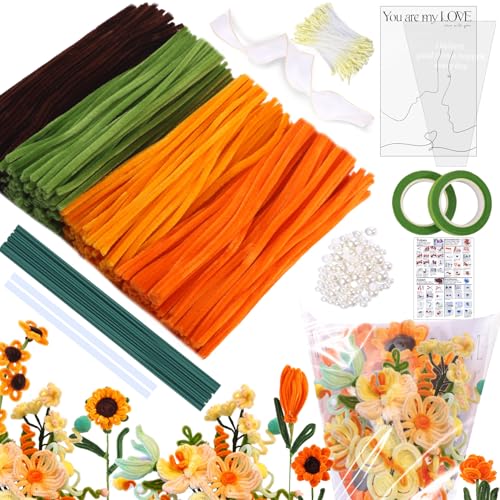 MKLG 435 Stück Pfeifenreiniger Blumen Set, Pfeifenputzer Blumen Zum Basteln, Mit Grüne Blumenstöcke, Klebebandrollen, Klebestifte, Anleitungen, Blumenstraußverpackungen, Bänder (Gelb) von MKLG