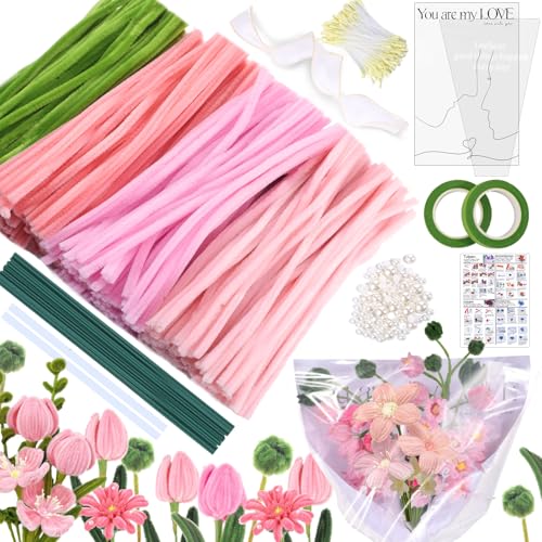 MKLG 435 Stück Pfeifenreiniger Blumen Set, Pfeifenputzer Blumen Zum Basteln, Mit Grüne Blumenstöcke, Klebebandrollen, Klebestifte, Anleitungen, Blumenstraußverpackungen, Bänder (Rosa) von MKLG