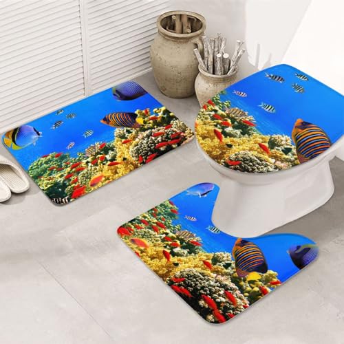 Badematten-Set mit Fischmuster, Flanell, rutschfest, 3 Stück, 80 x 50 cm, Badezimmerteppich-Set, Badematte + U-förmiger WC-Vorleger + O-förmiger Toilettensitzbezug von MKNAZ