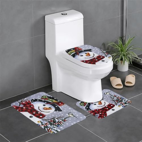 Badematten-Set mit Weihnachts-Schneemann-Motiv, rutschfest, 3-teilig, 60 x 40 cm, Badteppich-Set – Badematte + U-förmiger WC-Vorleger + O-förmiger Toilettensitzbezug von MKNAZ
