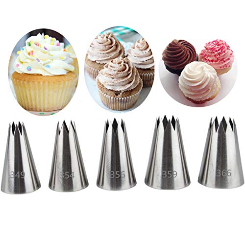 MKNZOME 5 Stück Spritztüllen Set Edelstahl Tüllen Groß Set Profi Backzubehör zum Kuchen Dekorieren Kuchen Einrichtungstipps für Torten, Keksen, Cupcake,Gebäck Werkzeug von MKNZOME