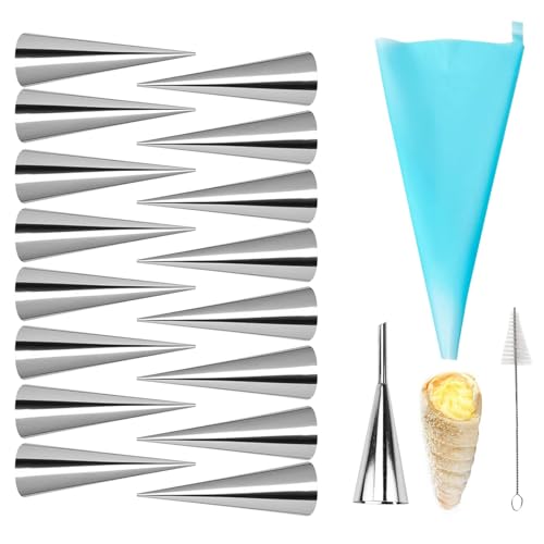 MKNZOME Cannoli Formen, 20 Stück Schillerlockenform Edelstahl Croissant Form Schaumrollenform Spirale Horn Tubes Hörnchen Backform Schaumrollen set für Sahnehorn Croissant Backform von MKNZOME