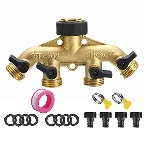 MKNZOME Messing 4-Wege-Gartenschlauch-Splitter-Set, Schlauchhahn Wasser Verteiler für Garten Bewässerung Küche, 3/4 Gewinde Wasserhahn-Splitter, Schlauchverbinder mit Individuellen An/Aus- Ventilen von MKNZOME