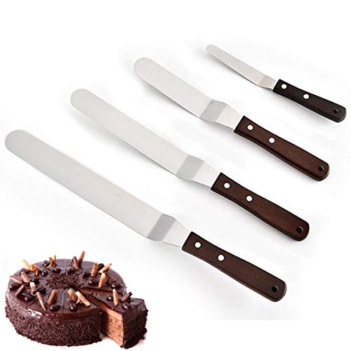 Premium Icing Spachtel Kit,MKNZOME 4 Stück Professionelle Winkelpalette Set Edelstahl abgewinkelte Icing Spatel mit Holzgriff Glasurmesser für Backen,Kuchendekoration, Zuckerguss Gebäck & Cupcake von MKNZOME