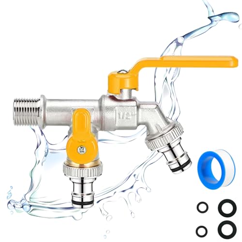 MKNZOME Wasserhahn mit Doppelauslass für den Außenbereich mit 1/2-Zoll-Einlass und 2 x 3/4-Zoll-Auslassanschluss, Schlauchverteiler aus Rostfreiem Messing 2-Wege für Garten, Haushalt, Industrie MKNZOME Wasserhahn mit Doppelauslass für den Außenbereich mit 1/2-Zoll-Einlass und 2 x 3/4-Zoll-Auslassanschluss, Schlauchverteiler aus Rostfreiem Messing 2-Wege für Garten, Haushalt, Industrie von MKNZOME